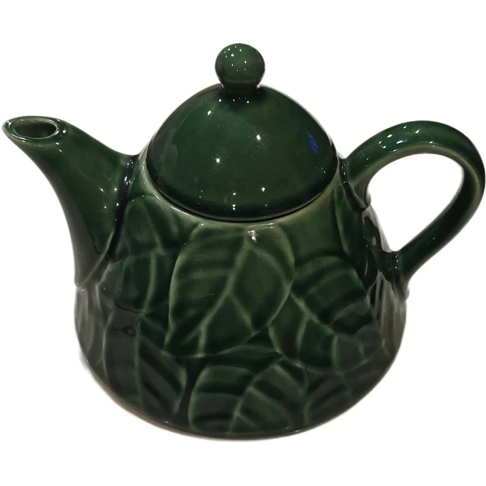 Pier 1 Jade Leaves Green Stoneware Teapot Embossed Leaf Pattern Botanical